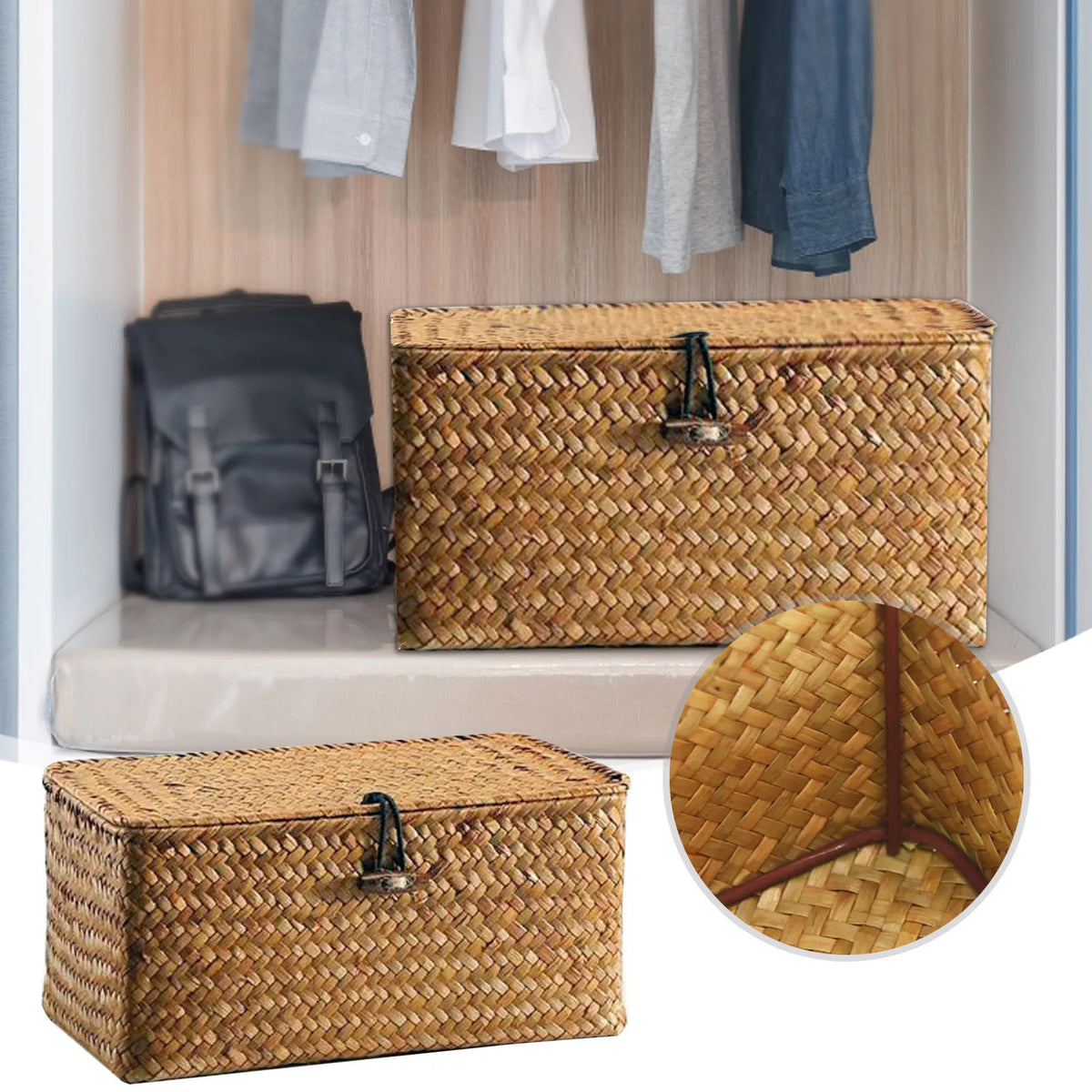 Seagrass Storage Basket with Lid, Handwoven Lidded Organizer