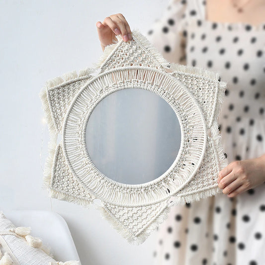 Boho Macrame Round Wall Mirror, Woven Cotton Hanging Mirror Decor