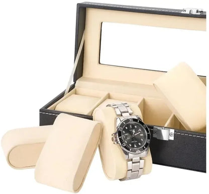 PU Leather Watch Box with Glass Lid, 6 Slots