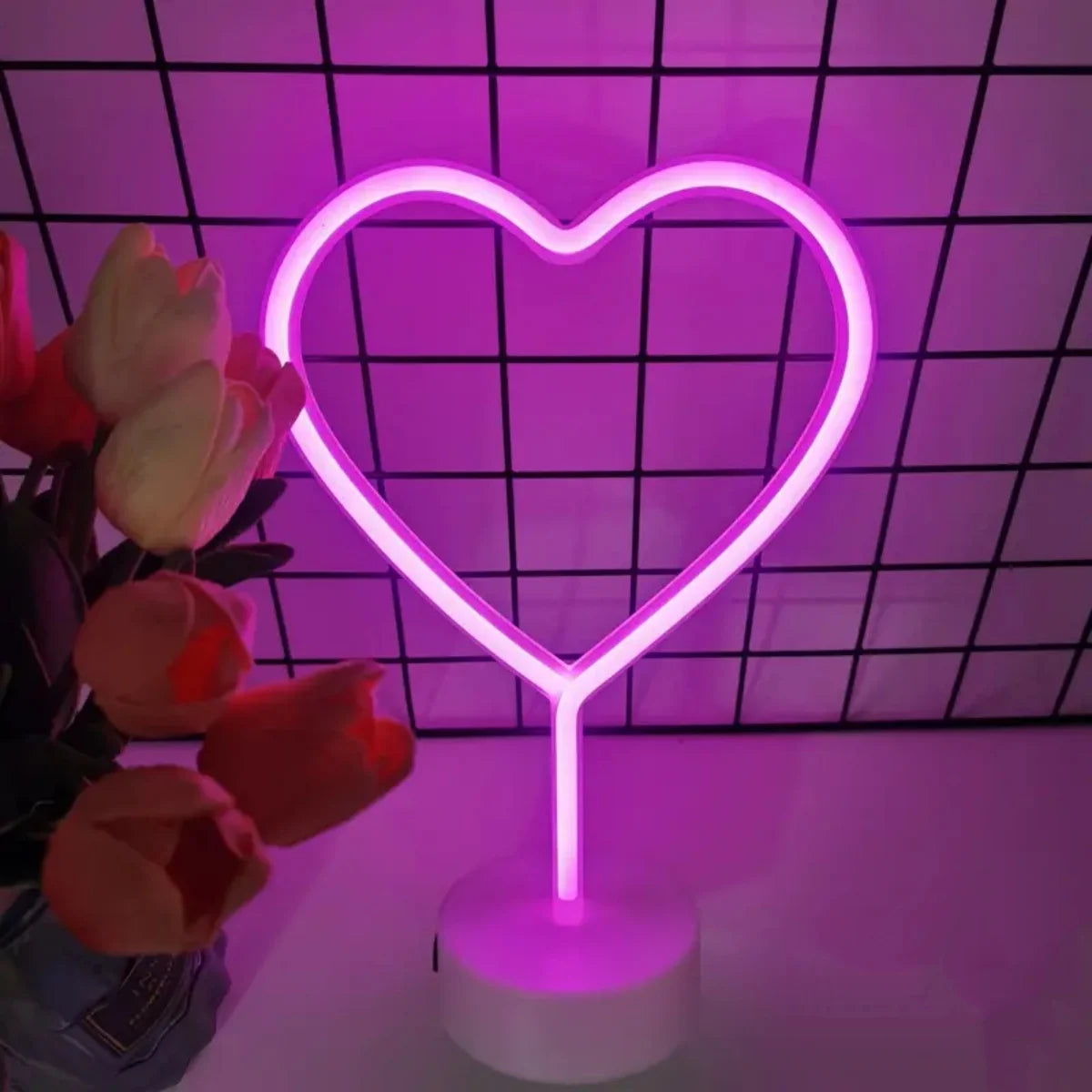 Pink Neon Heart Table Lamp, Battery LED Light with Base