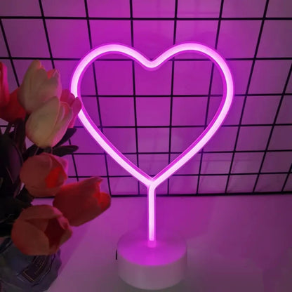 Pink Neon Heart Table Lamp, Battery LED Light with Base