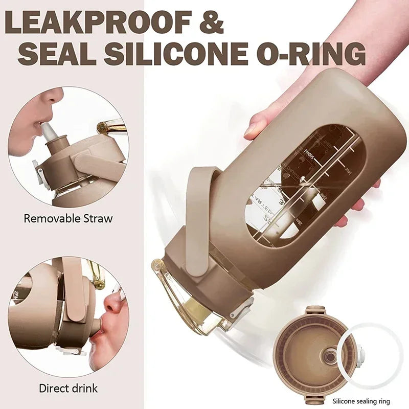 1L Glass Water Bottle with Straw and Sleeve