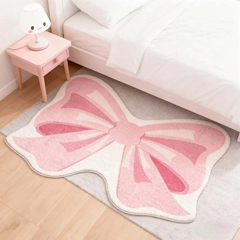 Pink Bow Shaped Rug, Non-Slip Bedside Accent Rug for Bedroom