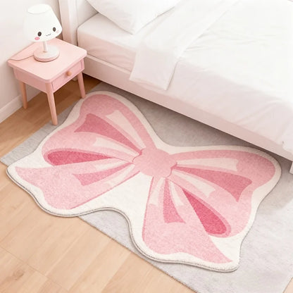 Pink Bow Shaped Rug, Non-Slip Bedside Accent Rug for Bedroom