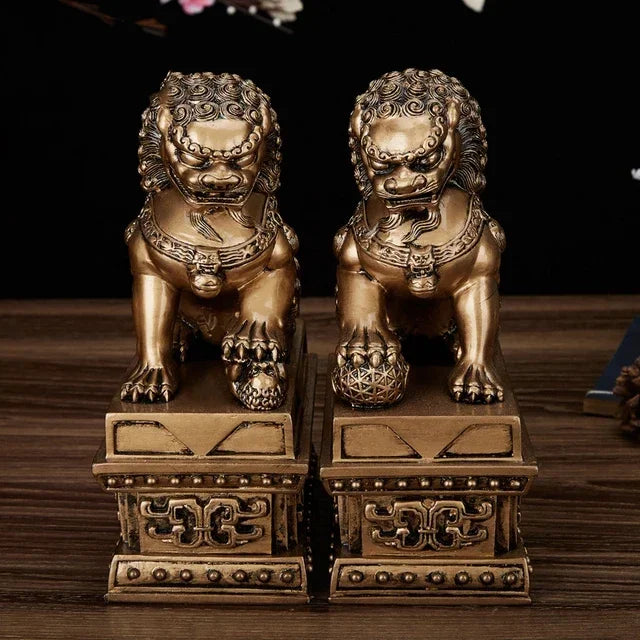 Chinese Lucky Lion Statue Pair, Copper Gold Resin Guardian Lions