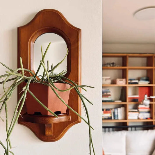 Wooden Wall Shelf with Mirror, Vintage Solid Wood Hanging Rack