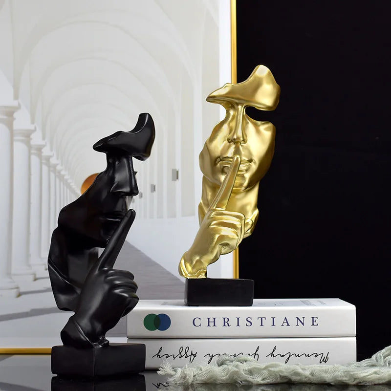 Silence Is Gold Thinker Statue, Abstract Resin Face Sculpture