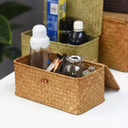 Seagrass Storage Basket with Lid, Handwoven Lidded Organizer
