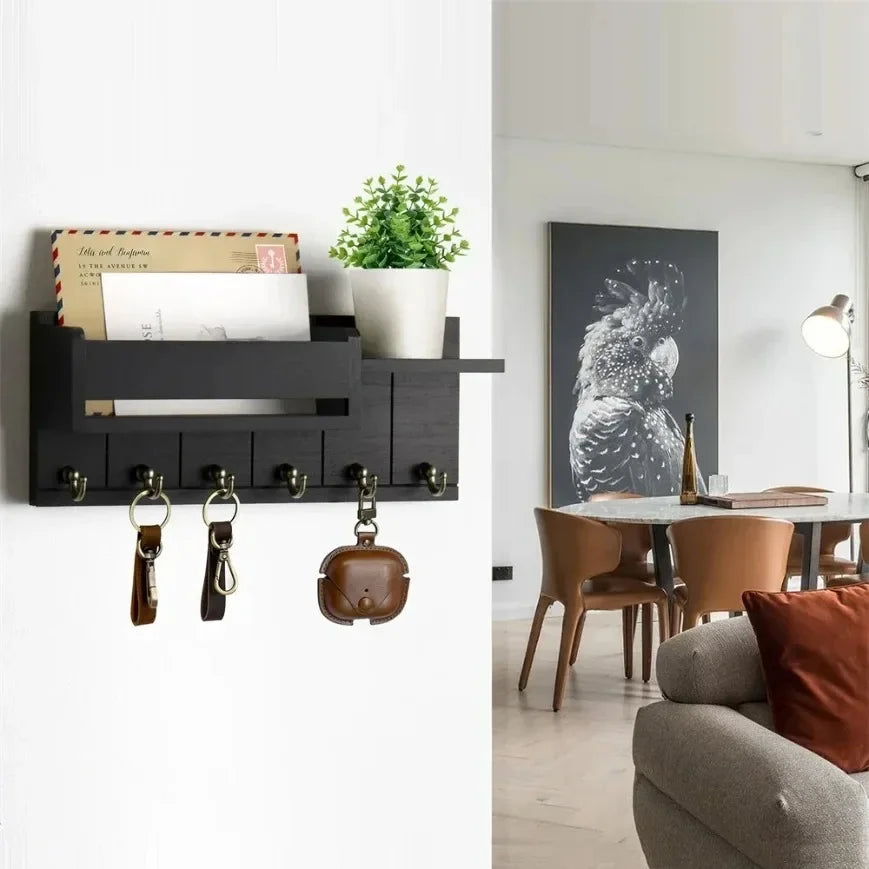 Rustic Wood Key Holder with Shelf and 6 Hooks