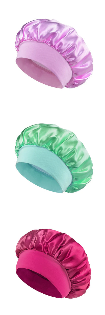 Wide-Brim Satin Hair Bonnet with Elastic Band