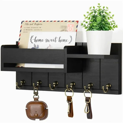 Rustic Wood Key Holder with Shelf and 6 Hooks