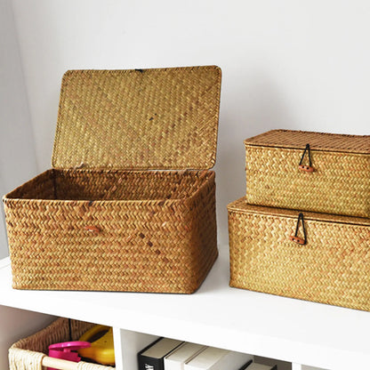 Seagrass Storage Basket with Lid, Handwoven Lidded Organizer