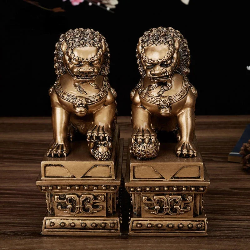 Chinese Lucky Lion Statue Pair, Copper Gold Resin Guardian Lions