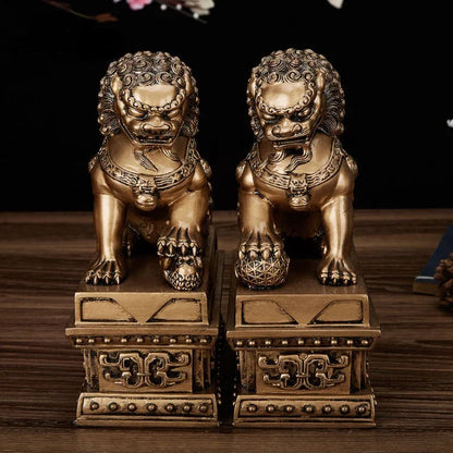 Chinese Lucky Lion Statue Pair, Copper Gold Resin Guardian Lions