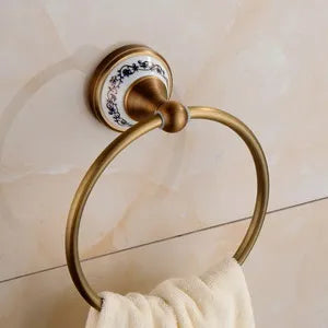 Antique Brass and Ceramic Bathroom Set, 19 Pieces