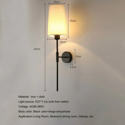 Retro Cloth Shade Wall Lamp, Black Iron Bedside Wall Sconce