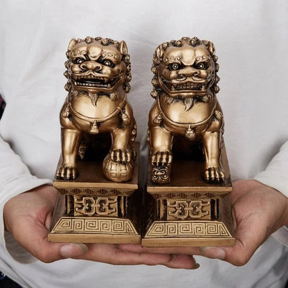 Chinese Lucky Lion Statue Pair, Copper Gold Resin Guardian Lions