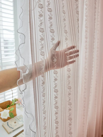 Pink Striped Rose Lace Sheer Curtain Panel