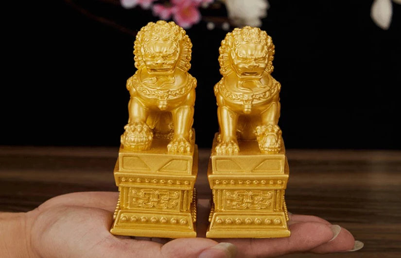 Chinese Lucky Lion Statue Pair, Copper Gold Resin Guardian Lions