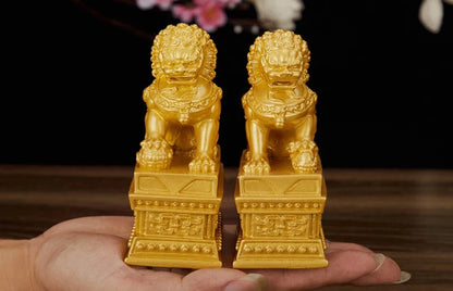 Chinese Lucky Lion Statue Pair, Copper Gold Resin Guardian Lions