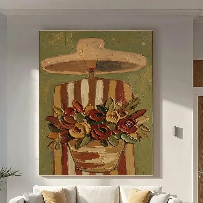 Woman in Wide Brim Hat Canvas Print, Neutral Boho Wall Art
