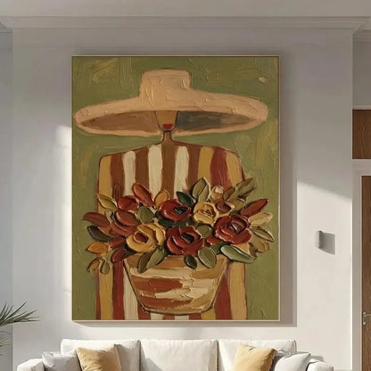 Woman in Wide Brim Hat Canvas Print, Neutral Boho Wall Art