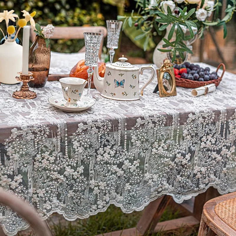 Lace Rectangular Tablecloth, Vintage Floral Polyester Table Cover