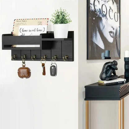 Rustic Wood Key Holder with Shelf and 6 Hooks