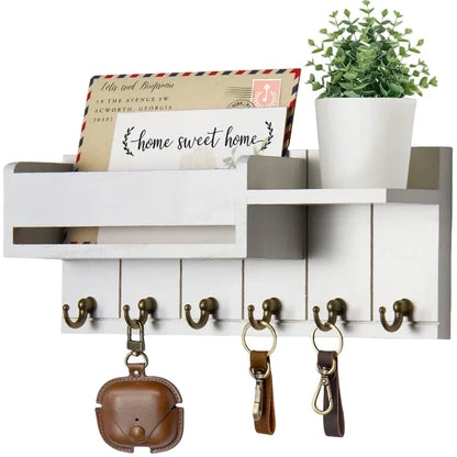 Rustic Wood Key Holder with Shelf and 6 Hooks