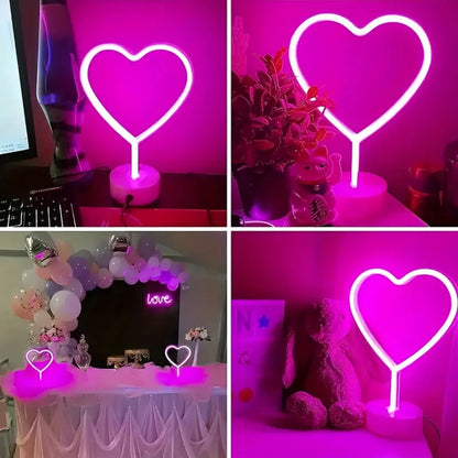 Pink Neon Heart Table Lamp, Battery LED Light with Base