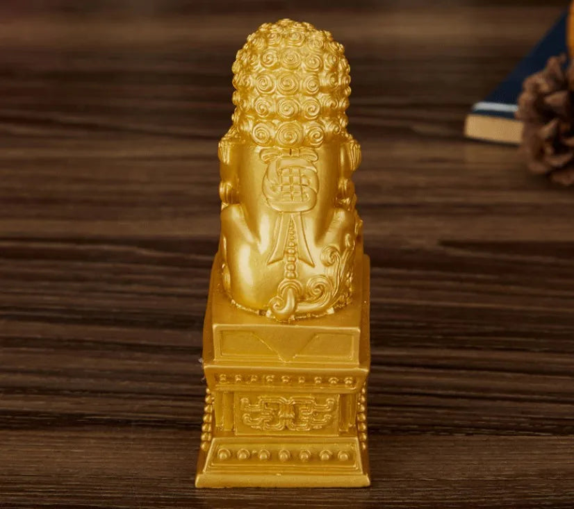 Chinese Lucky Lion Statue Pair, Copper Gold Resin Guardian Lions