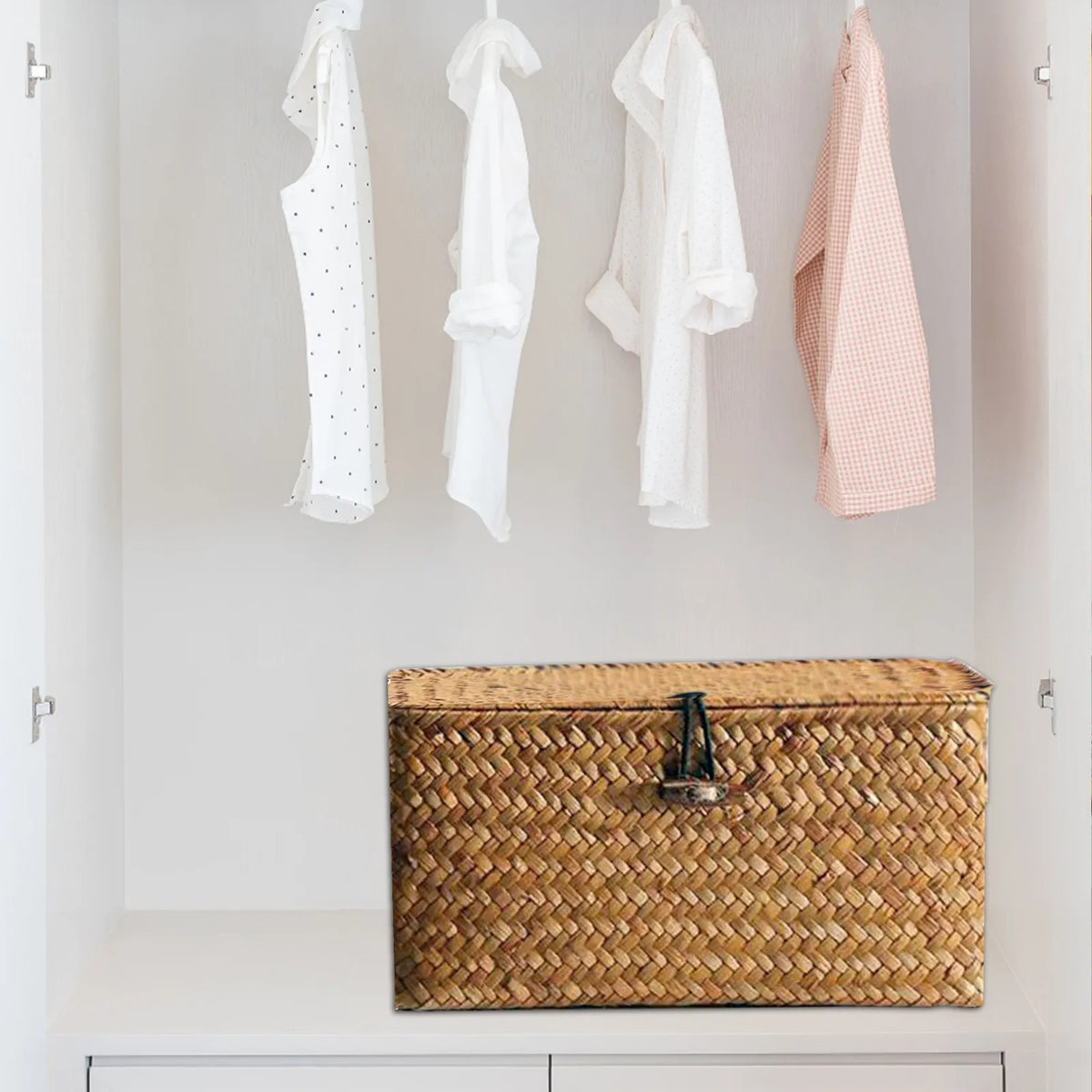 Seagrass Storage Basket with Lid, Handwoven Lidded Organizer