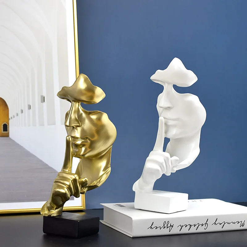 Silence Is Gold Thinker Statue, Abstract Resin Face Sculpture