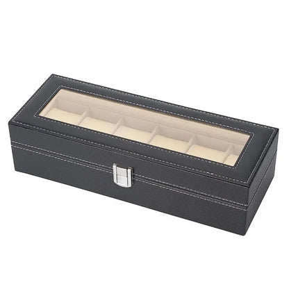 PU Leather Watch Box with Glass Lid, 6 Slots