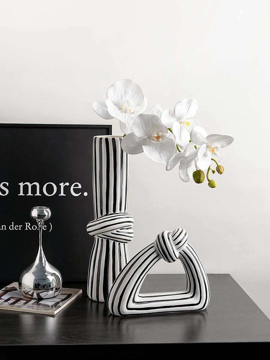 Black and White Striped Knot Ceramic Vase