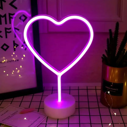 Pink Neon Heart Table Lamp, Battery LED Light with Base