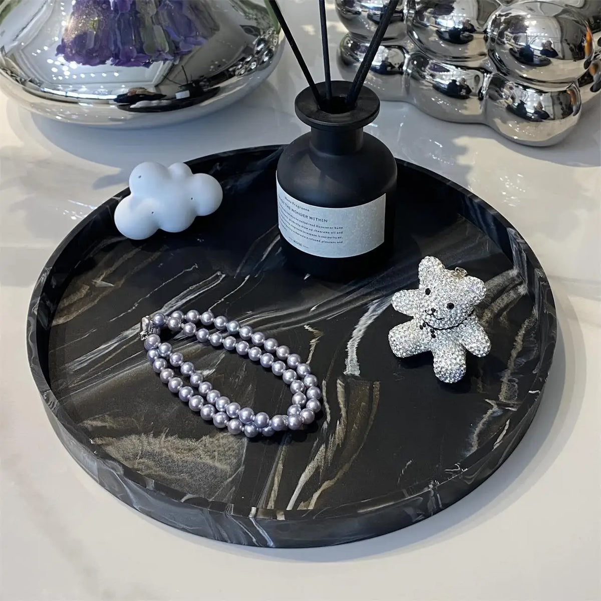 Round Vanity Tray, Decorative Marble Pattern Bathroom Organizer