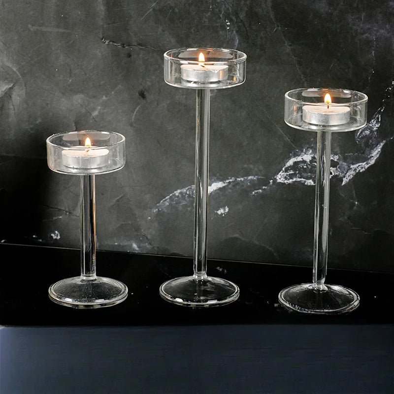 Crystal Glass Tall Candle Holder, Minimalist Candlestick, 3 Pack