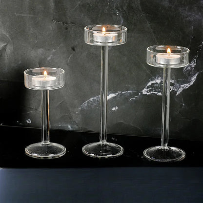 Crystal Glass Tall Candle Holder, Minimalist Candlestick, 3 Pack
