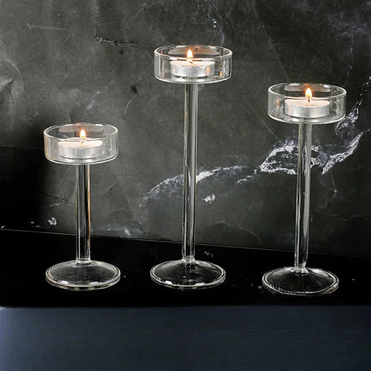 Crystal Glass Tall Candle Holder, Minimalist Candlestick, 3 Pack