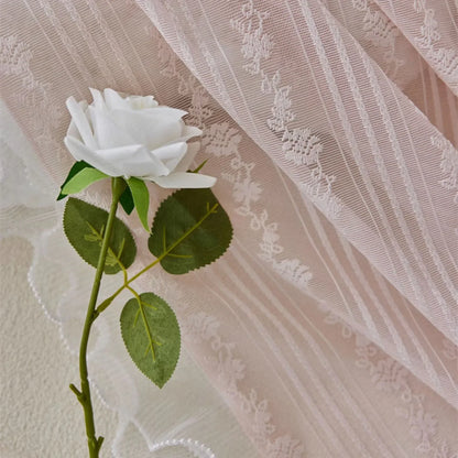 Pink Striped Rose Lace Sheer Curtain Panel