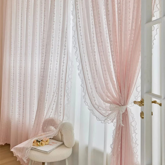 Pink Striped Rose Lace Sheer Curtain Panel