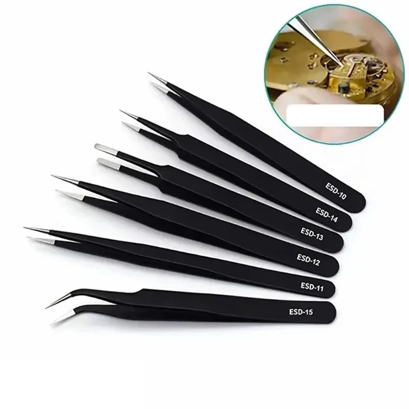 Precision Stainless Steel Tweezers Set, 6 Pieces
