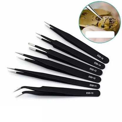 Precision Stainless Steel Tweezers Set, 6 Pieces