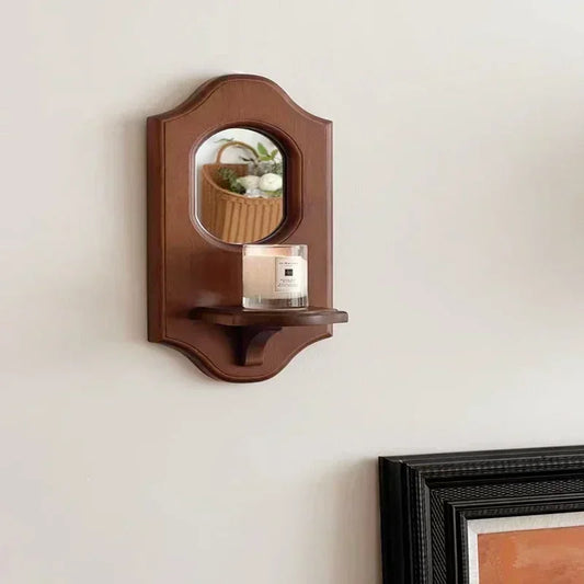 Wall Mirror with Shelf, Vintage Solid Wood Rustic Display Ledge