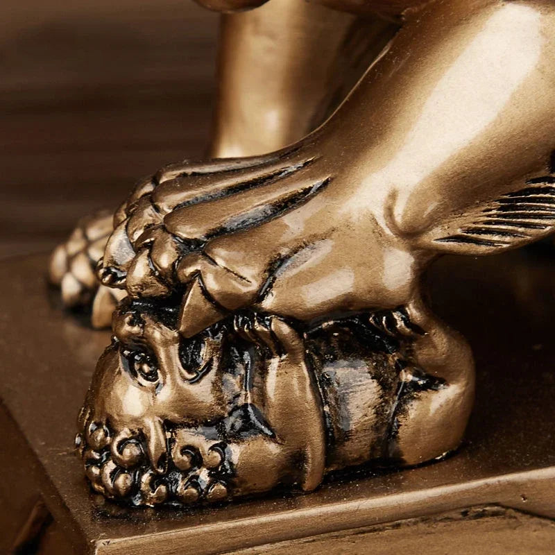 Chinese Lucky Lion Statue Pair, Copper Gold Resin Guardian Lions