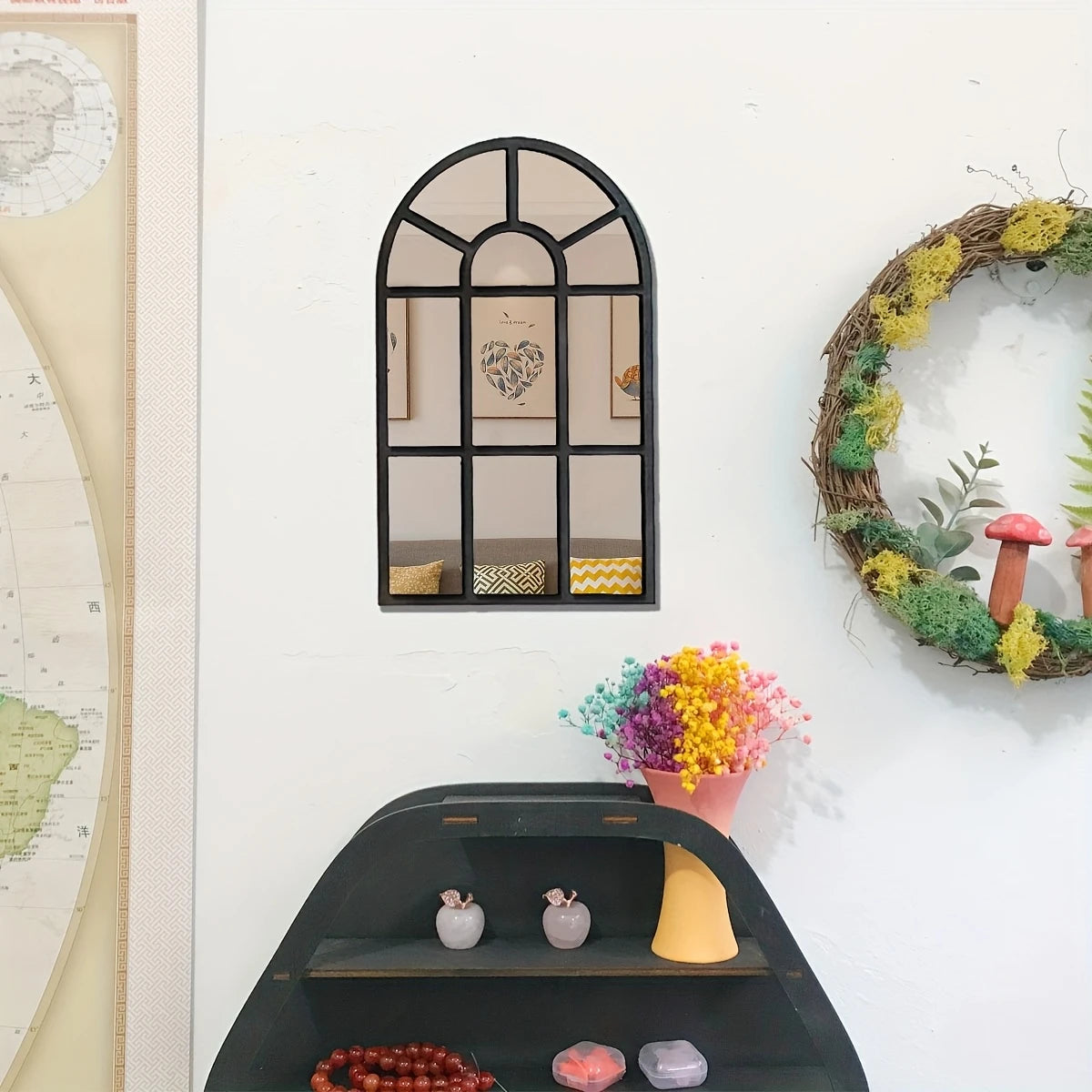 Arched Windowpane Wall Mirror, Wood Frame Minimalist Arch Mirror