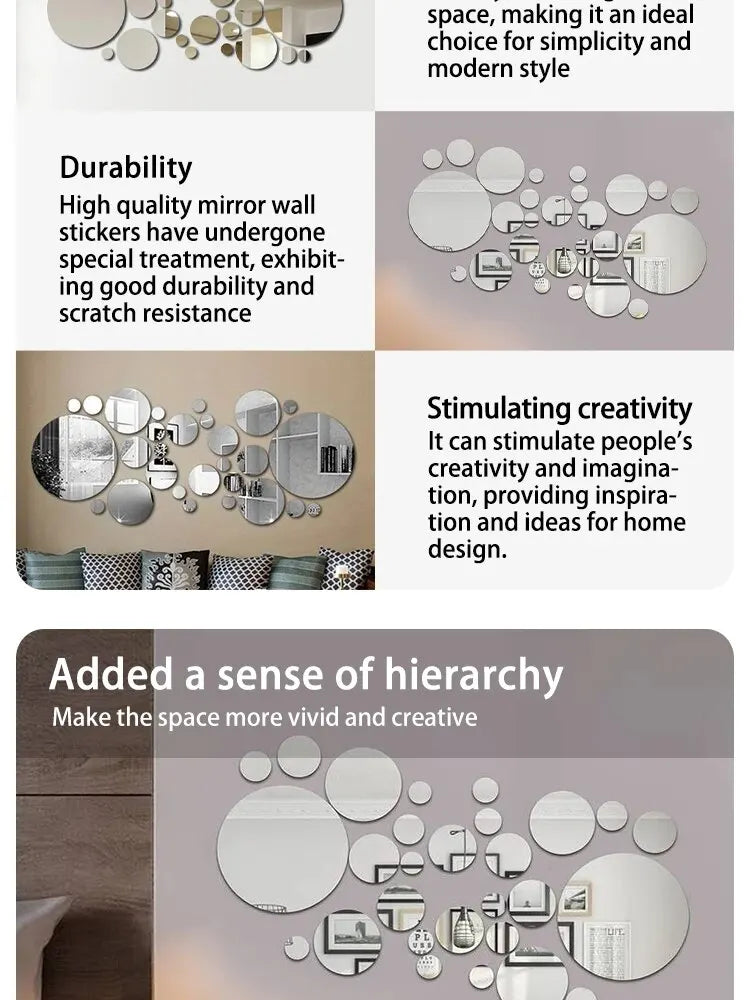 3D Acrylic Round Mirror Wall Stickers, 26 Pieces
