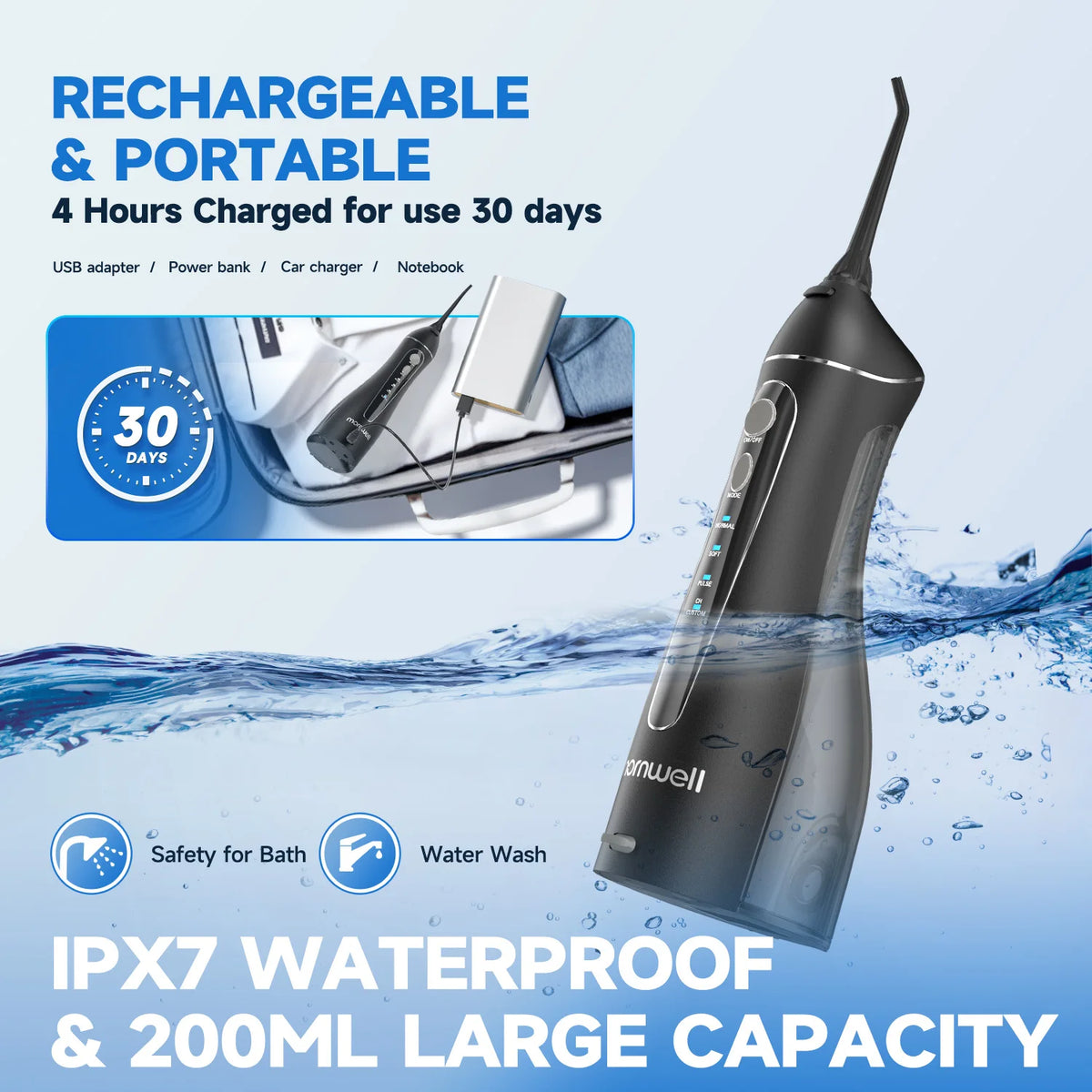 Cordless Rechargeable Water Flosser with 4 Nozzles