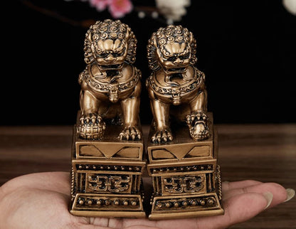 Chinese Lucky Lion Statue Pair, Copper Gold Resin Guardian Lions
